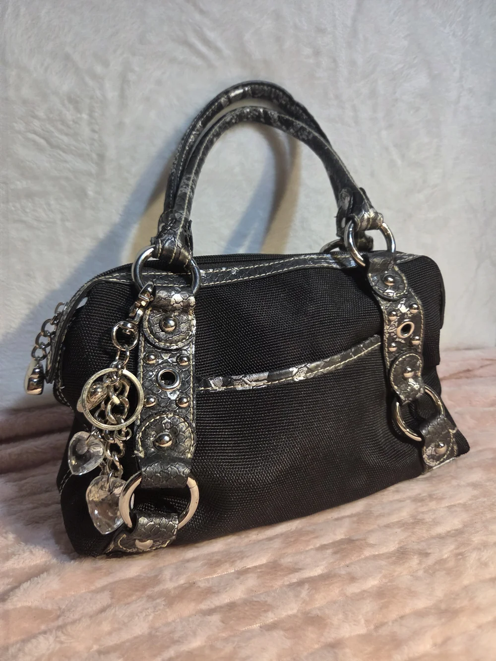 Kathy Van Zeeland Black Women's Satchel Handbag with Metallic Trim